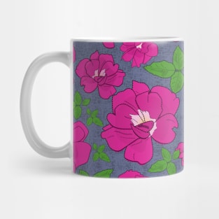 Retro Ramblin' Rose Pink and Green on Grey Blue Repeat 5748 Mug